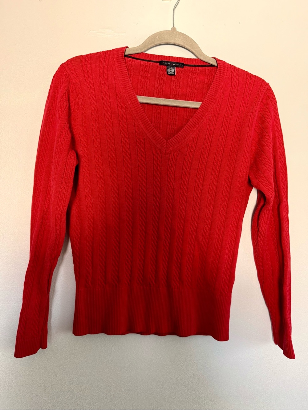 Tommy Hilfiger Cable-Knit V-Neck Sweater in Red
